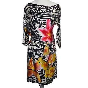 Vintage Cache Floral Print Dress Abstract‎ Black White Pink Tie Waist Midi